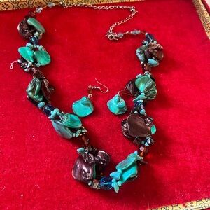 Turquoise and Brown Shell Statement Necklace and Earrings Set